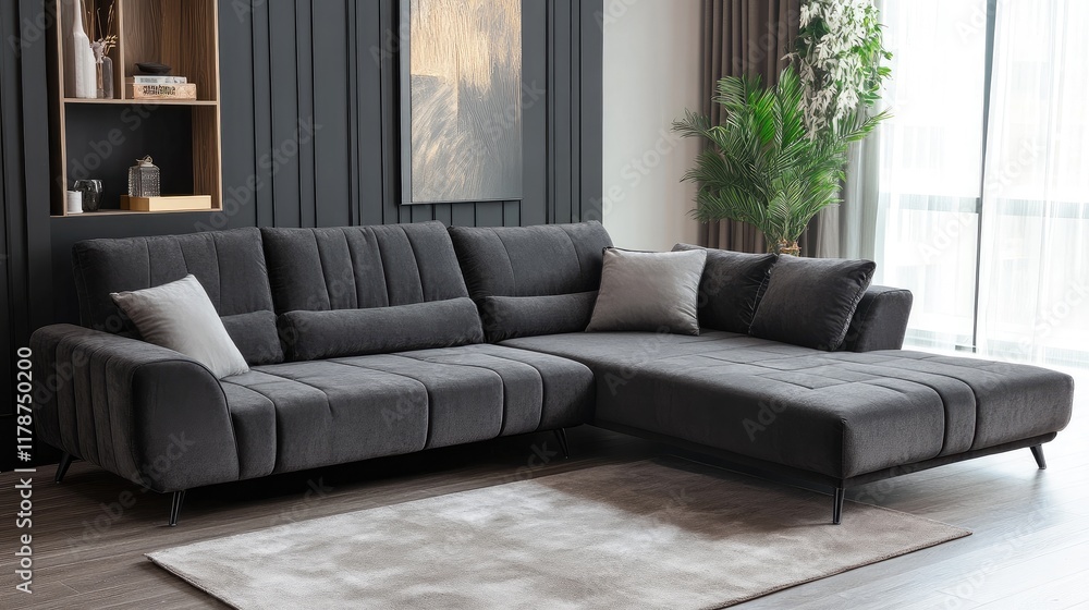 Fototapeta premium Modern Scandinavian corner sofa bed with plush pillows in stylish living room interior featuring empty copyspace for text or branding