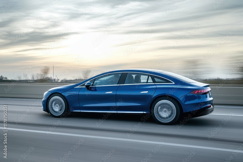 Blue electric sedan drives along a highway at dusk, showcasing modern design and performance Blue electric sedan drives along a highway at dusk, showcasing modern design and performance