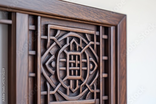 Intricate Wooden Panel With Geometric Carving Detail photo