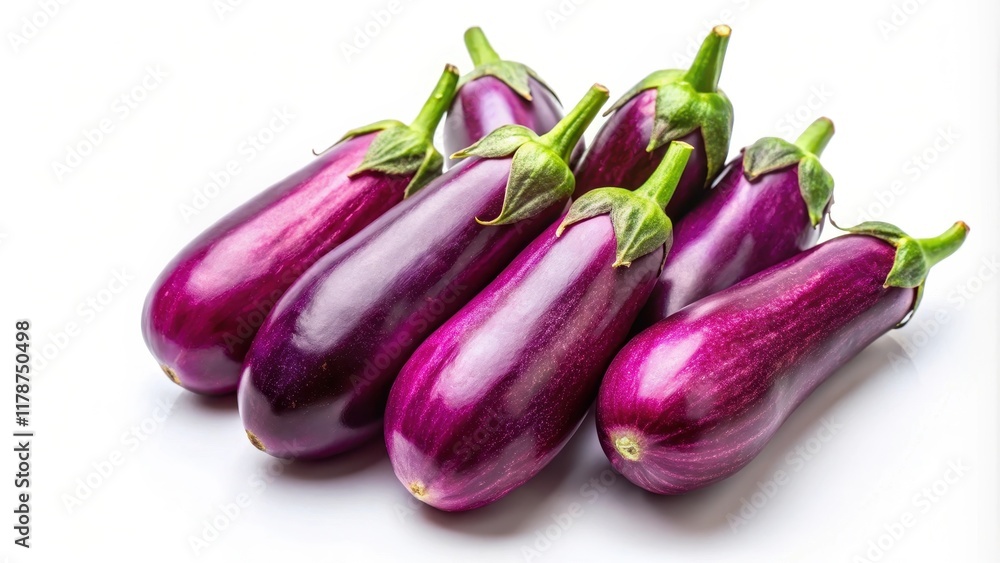 Fresh purple eggplants on a white background, eggplant, fresh, vibrant, purple, healthy, vegetable, food, organic, ripe Fresh purple eggplants on a white background, eggplant, fresh, vibrant, purple, healthy, vegetable, food, organic, ripe
