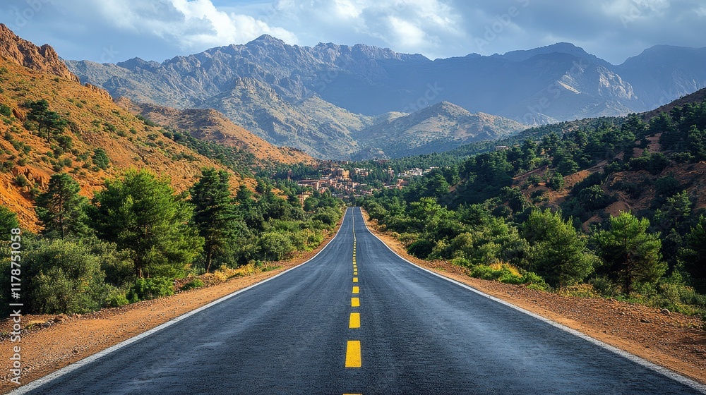 Naklejka premium semi-deserts and mountains, north africa nature, Moroccan stone desert, red hills, villages and argan trees