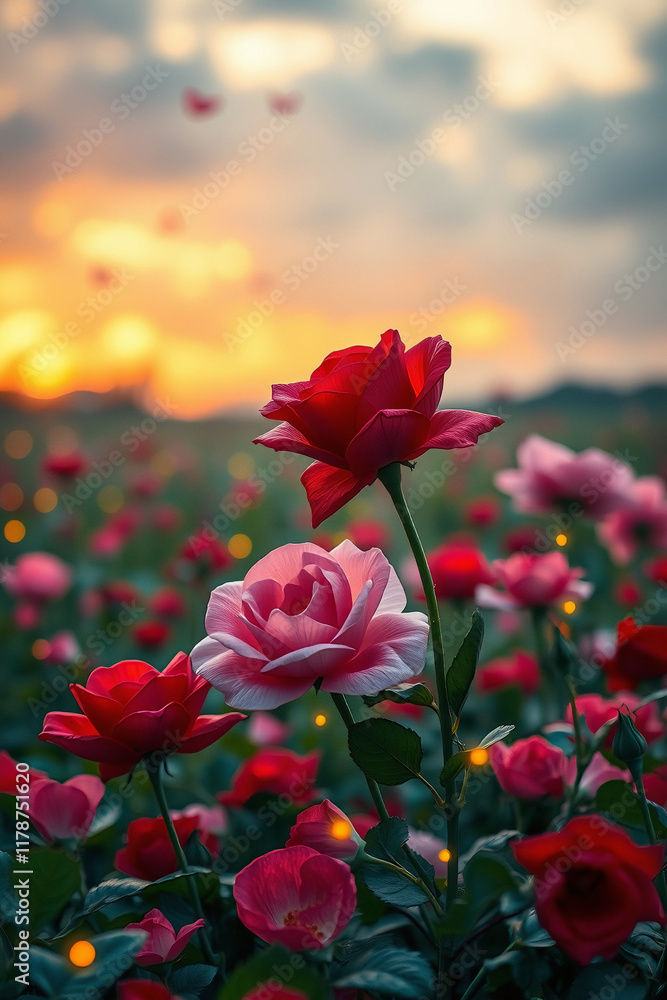 Dreamy Valentine's Day Meadow Scene with Roses and Sunset Glow Dreamy Valentine's Day Meadow Scene with Roses and Sunset Glow