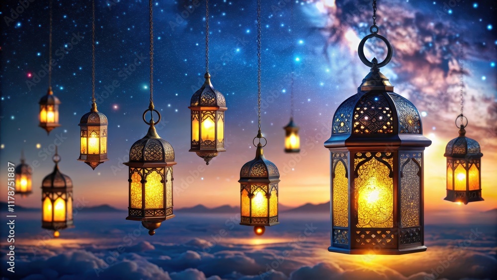 Fototapeta premium Ramadan lanterns glowing under the night sky , Ramadan, lanterns, hanging, night sky, decorations, Islamic