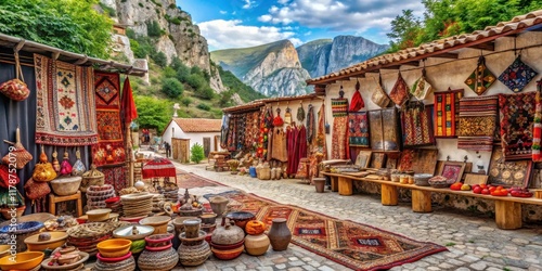 Kruja flea market featuring traditional Albanian crafts and souvenirs , Kruja, Albania, flea market, souvenirs