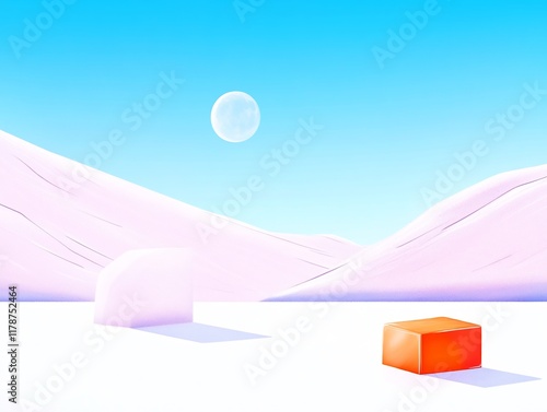 Dreamlike 3D Render: Orange Cube Gently Rests in Pastel Landscape. AI Generated