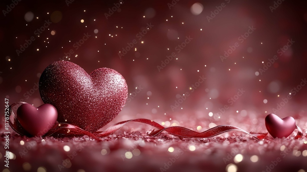 Glittering heart decorations on a romantic background with soft lights and ribbons. Glittering heart decorations on a romantic background with soft lights and ribbons.