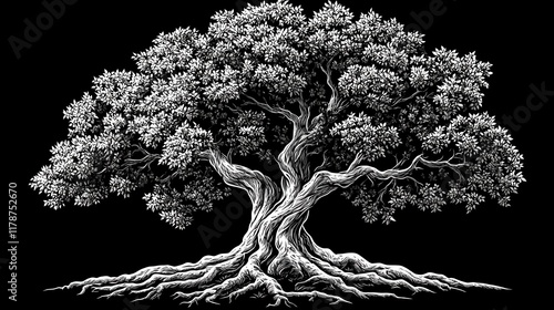 Wallpaper Mural Detailed illustration of an ancient, large olive tree with extensive roots, on black background. Torontodigital.ca