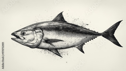 Detailed monochrome sketch of a tuna fish.