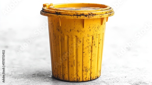 Dirty yellow plastic bucket with lid on a concrete floor. photo