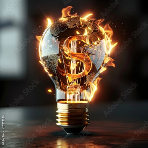 Increase in the cost of paying utility bills and electricity. Energy crisis, power blackout due to lack of resources. A light bulb with a burning dollar - as a symbol of rising prices, investments