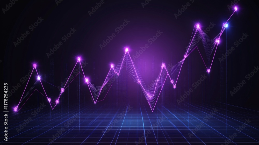 A D financial line graph with smooth, curving lines connecting glowing points, showing a steady upward trend against a dark digital landscape A D financial line graph with smooth, curving lines connecting glowing points, showing a steady upward trend against a dark digital landscape