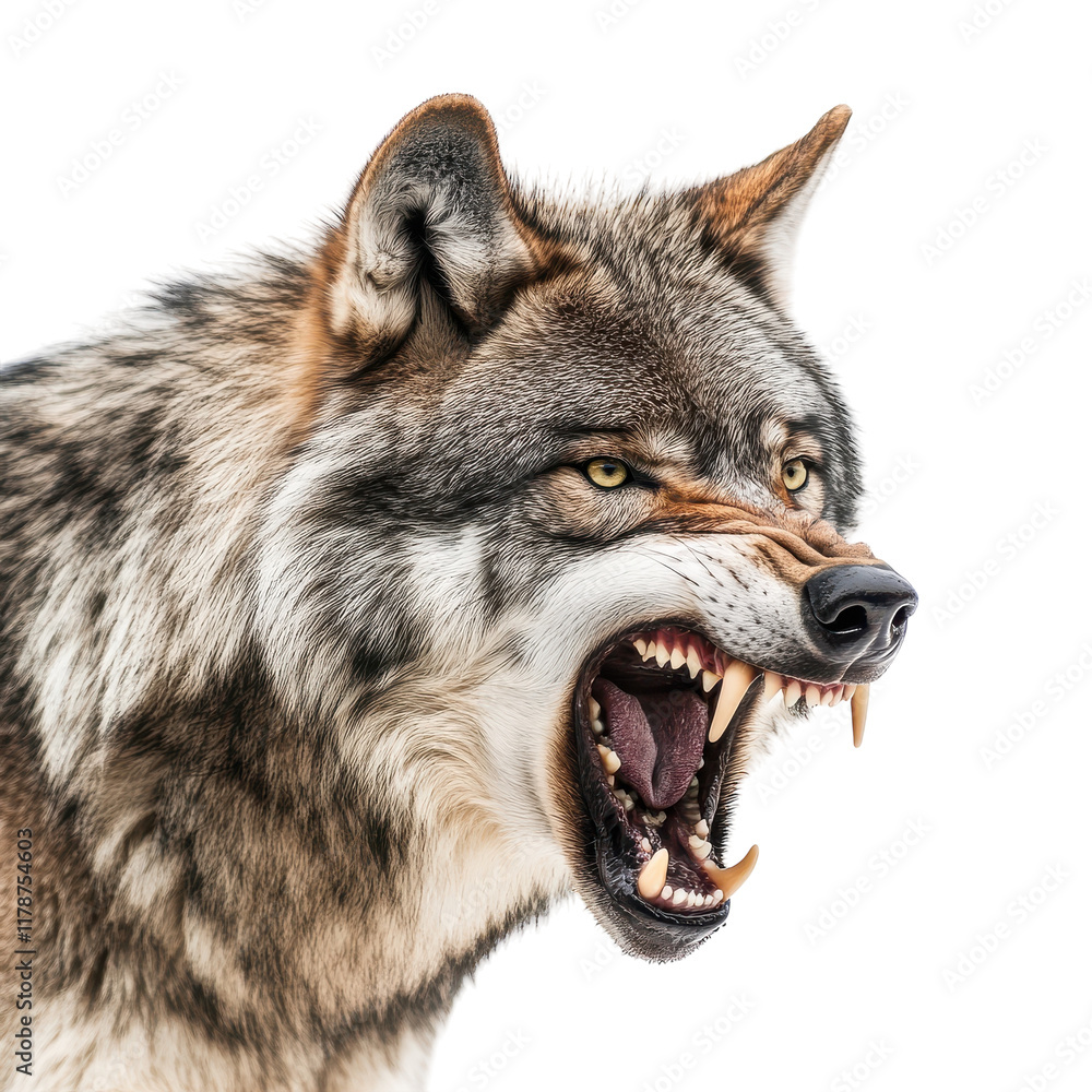 Obraz premium Angry Gray Wolf Roaring Isolated on a White Background on transparent background.