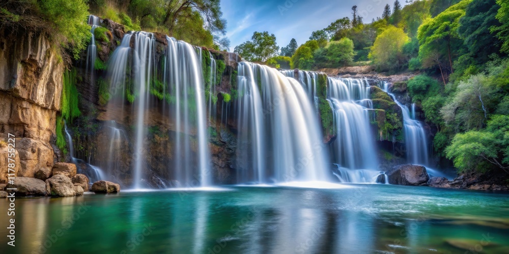 Fototapeta premium Serene waterfall cascading down a smooth cliff edge, serene, waterfall, cascading, smooth, cliff, edge, nature, tranquil, peaceful