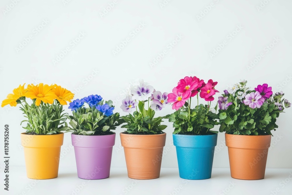 Colorful potted flowers arranged in a row against a light background showcasing spring vibrance and gardening creativity Colorful potted flowers arranged in a row against a light background showcasing spring vibrance and gardening creativity