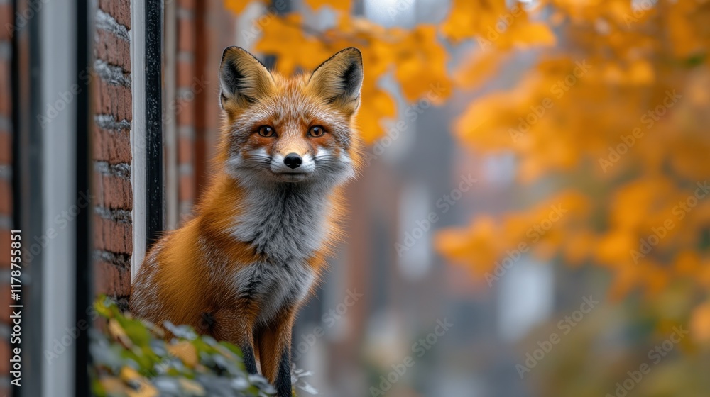 Obraz premium A fox sits near a brick wall, surrounded by autumn foliage.