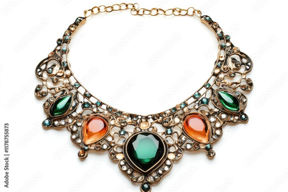 Ornate jeweled necklace with green and amber stones Ornate jeweled necklace with green and amber stones