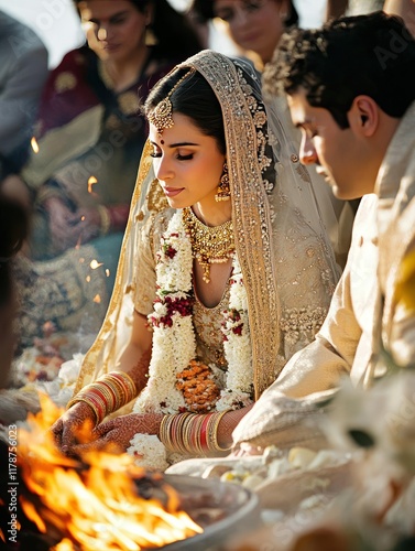 A Moment of Sacred Union, Traditional Indian Wedding Ceremony with Bride Adorned in Gold, Fire Lighting Path to Love and Family,