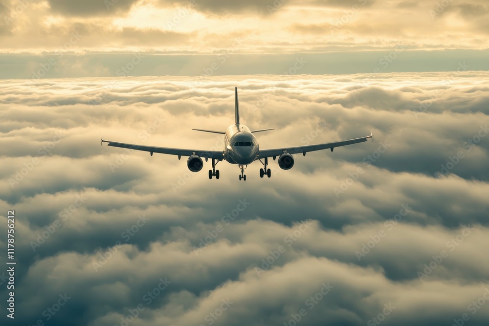 Fototapeta premium Airplane flying above clouds capturing the beauty of the sky at sunset