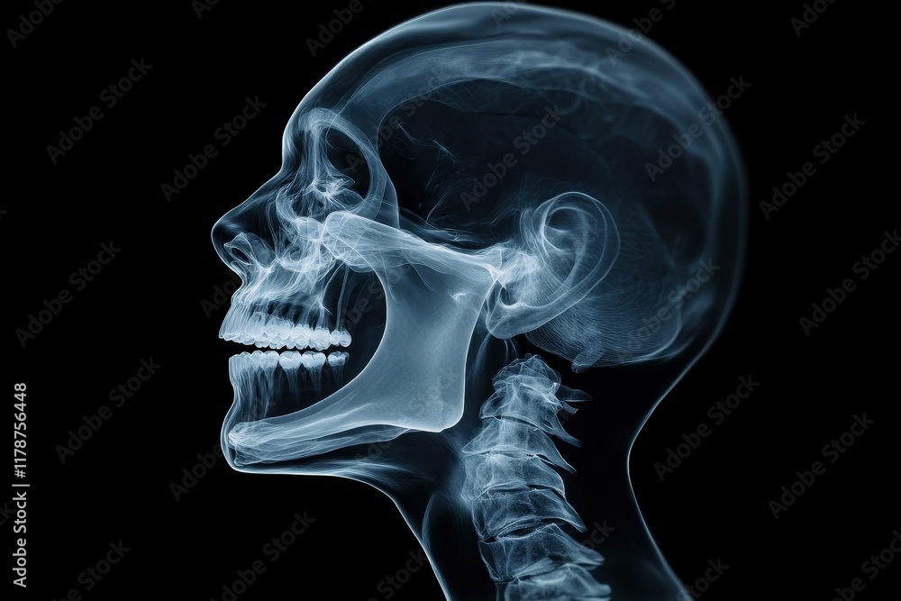 Detailed anatomical x-ray of a human skull and neck revealing bone structure and alignment Detailed anatomical x-ray of a human skull and neck revealing bone structure and alignment