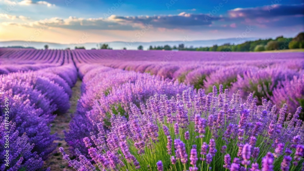 Naklejka premium Lavender field in full bloom with organic purple flowers swaying in the summer breeze , nature, outdoors, landscape