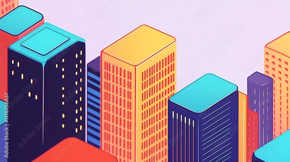 Fototapeta premium Vibrant Isometric Illustration: Colorful Cityscape Rising Dynamically. AI Generated
