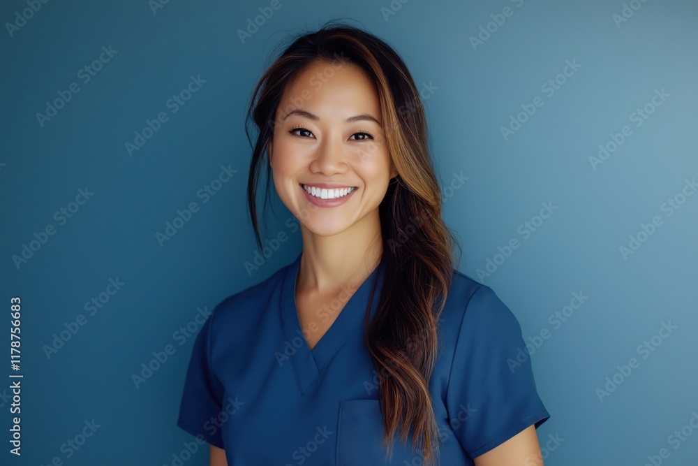 smiling female nurse wearing scrubs on blue studio background smiling female nurse wearing scrubs on blue studio background