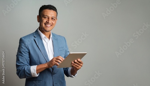 Indian Businessman Holding Tablet Professional Image on Gray Background photo