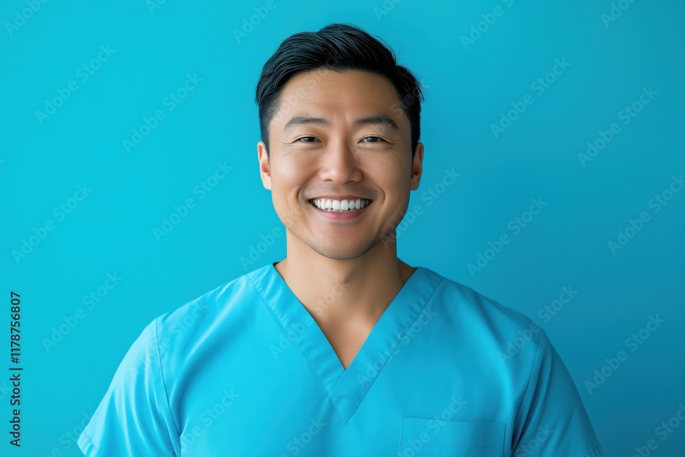 smiling male nurse wearing scrubs on the blue studio background smiling male nurse wearing scrubs on the blue studio background