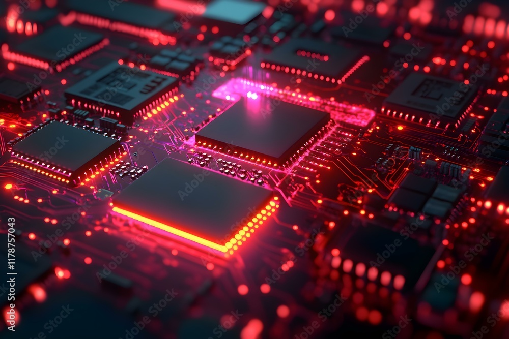 Glowing Precision: Close-Up of a Lit-Up Circuit Board with Multiple Microchips Glowing Precision: Close-Up of a Lit-Up Circuit Board with Multiple Microchips