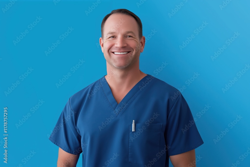 smiling male nurse wearing scrubs on the blue studio background smiling male nurse wearing scrubs on the blue studio background