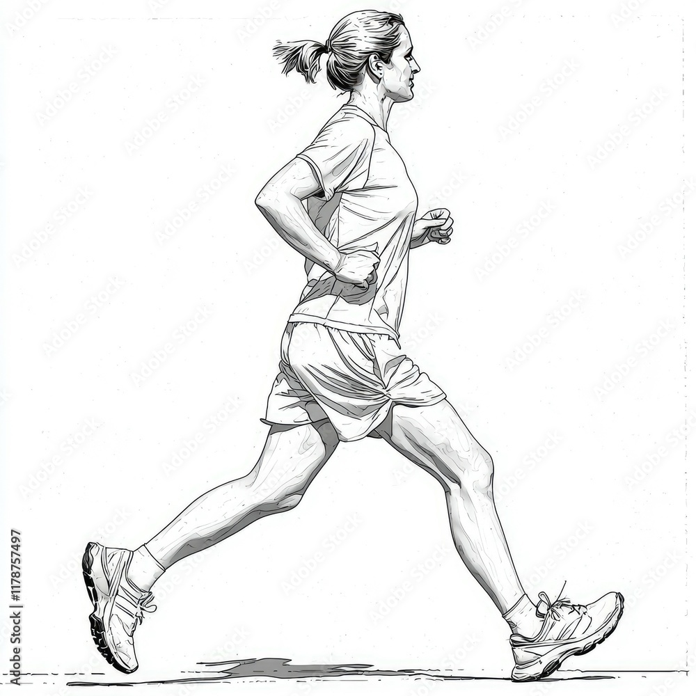 Fototapeta premium Dynamic Running Woman: A Black and White Sketch of an Athlete in Motion. A powerful illustration of fitness, speed, and determination.