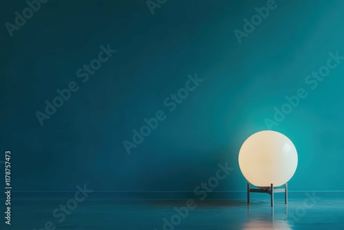 Minimalist lamp illuminates empty room with teal wall during evening ambiance