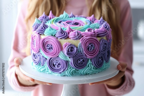 Delicate pastel cake adorned with colorful frosting swirls held by a person in a cozy kitchen setting