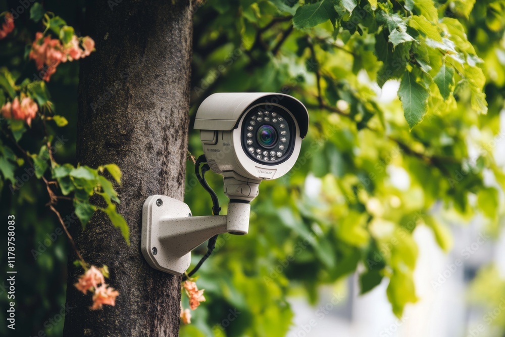 custom made wallpaper toronto digitalA modern security camera mounted on a tree. It blends nature with technology. Ideal for home security and surveillance. Offers peace of mind. Generative AI