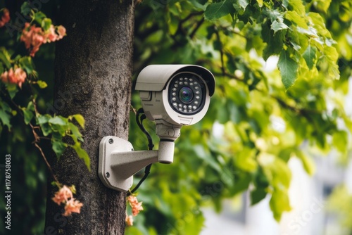 Wallpaper Mural A modern security camera mounted on a tree. It blends nature with technology. Ideal for home security and surveillance. Offers peace of mind. Generative AI Torontodigital.ca