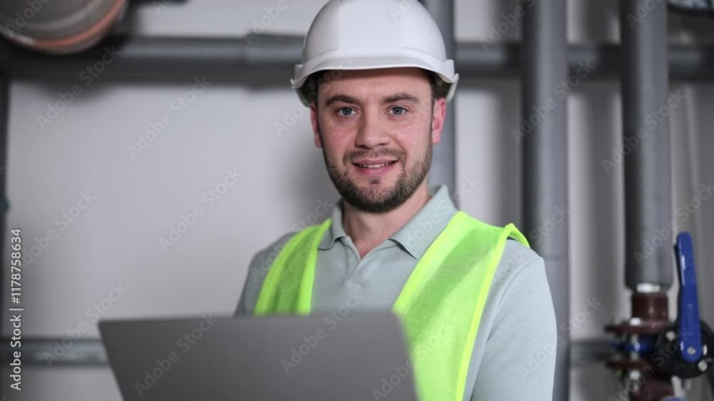 Smiling industrial engineer with laptop in boiler room. Confident professional power generation plant worker in uniform and hardhat. Smiling industrial engineer with laptop in boiler room. Confident professional power generation plant worker in uniform and hardhat.