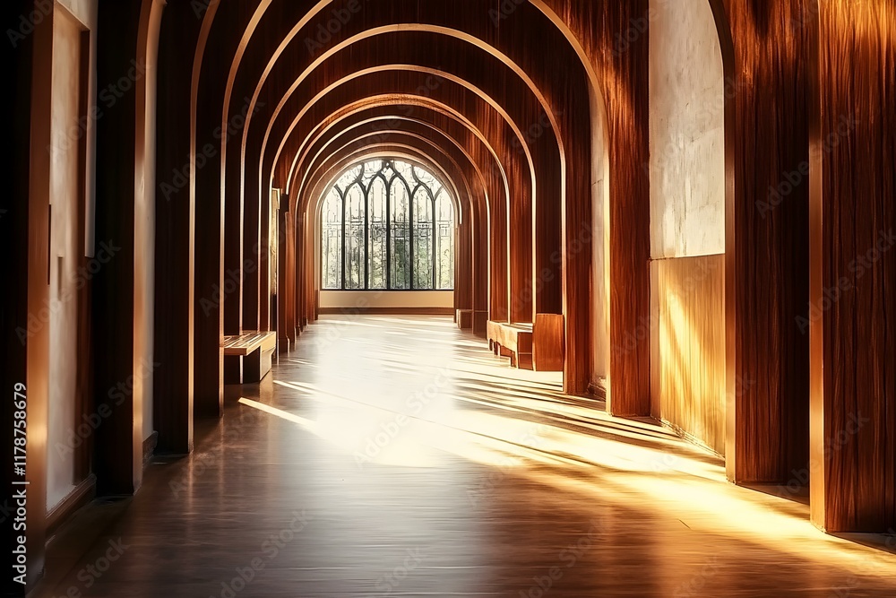 Fototapeta premium Tranquil Elegance: Sunlit Wooden Arched Hallway Interior