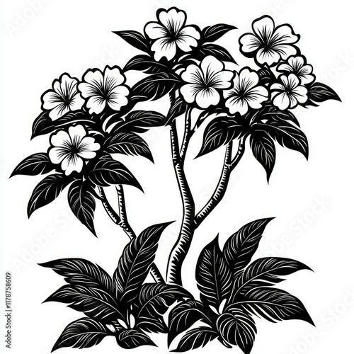 Elegant Black and White Floral Illustration: Botanical Print of Tropical Flowers and Leaves photo