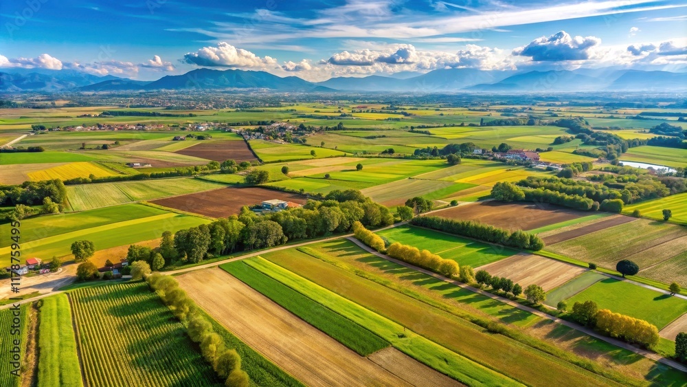 Fototapeta premium Panoramic view of the picturesque Po Valley fields in Italy, Po river, Po Valley, fields, agriculture, landscape, countryside