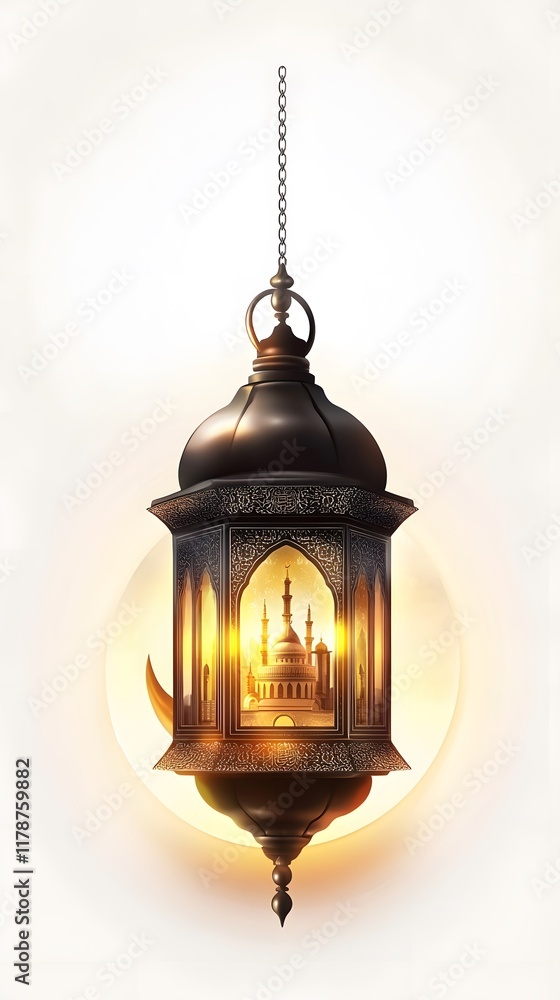 Lantern and a crescent moon for Eid Mubarak and Ramadan Kareem on a background, with copy space for text Lantern and a crescent moon for Eid Mubarak and Ramadan Kareem on a background, with copy space for text