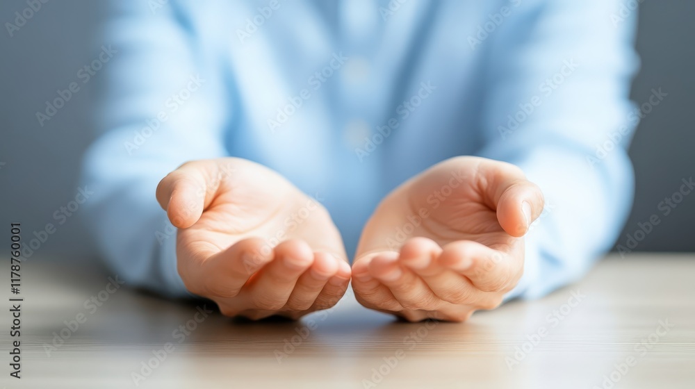 Closeup of person's hands raised on table, a detailed view of skin, texture and background Closeup of person's hands raised on table, a detailed view of skin, texture and background