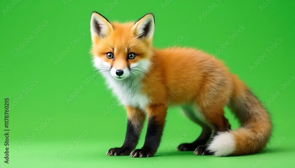 Obraz premium Adorable Red Fox Kit: Vibrant Fur, Green Background
