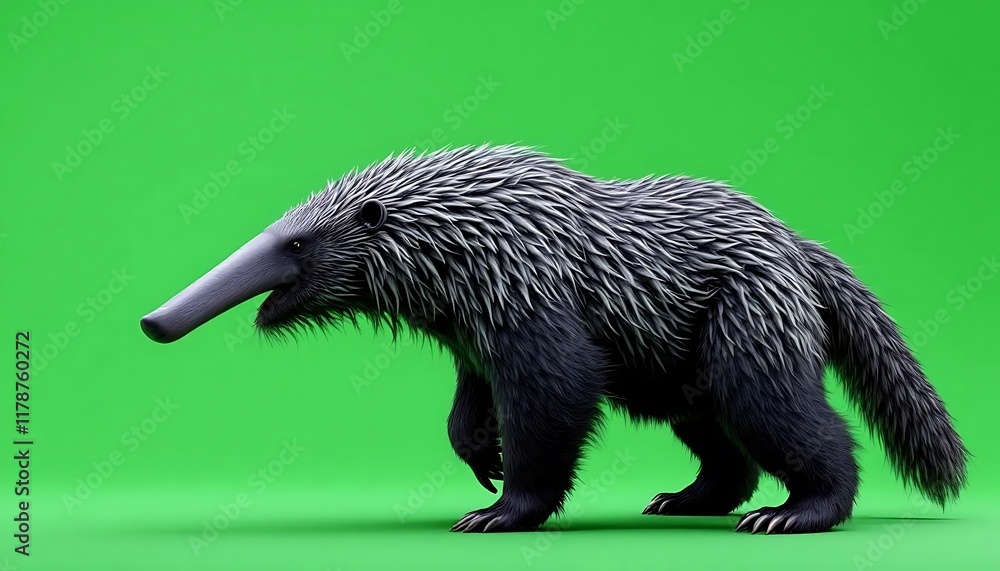 Obraz premium Giant Anteater: A Striking 3D Render with Dark Fur and Green Background