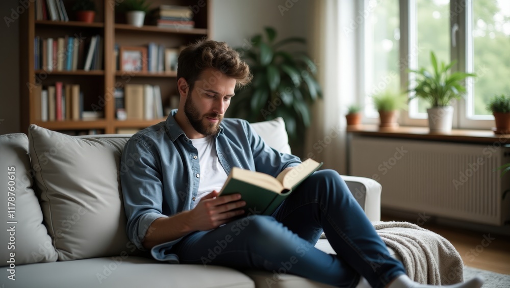 A man engrossed in a book, portraying the tranquility of mindful reading, - evokes the joy of quiet moments - suitable for lifestyle blogs, social media posts, or book-related marketing material, A man engrossed in a book, portraying the tranquility of mindful reading, - evokes the joy of quiet moments - suitable for lifestyle blogs, social media posts, or book-related marketing material,