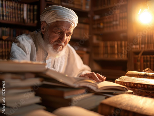 Elderly historian studying ancient texts in library filled with books photo