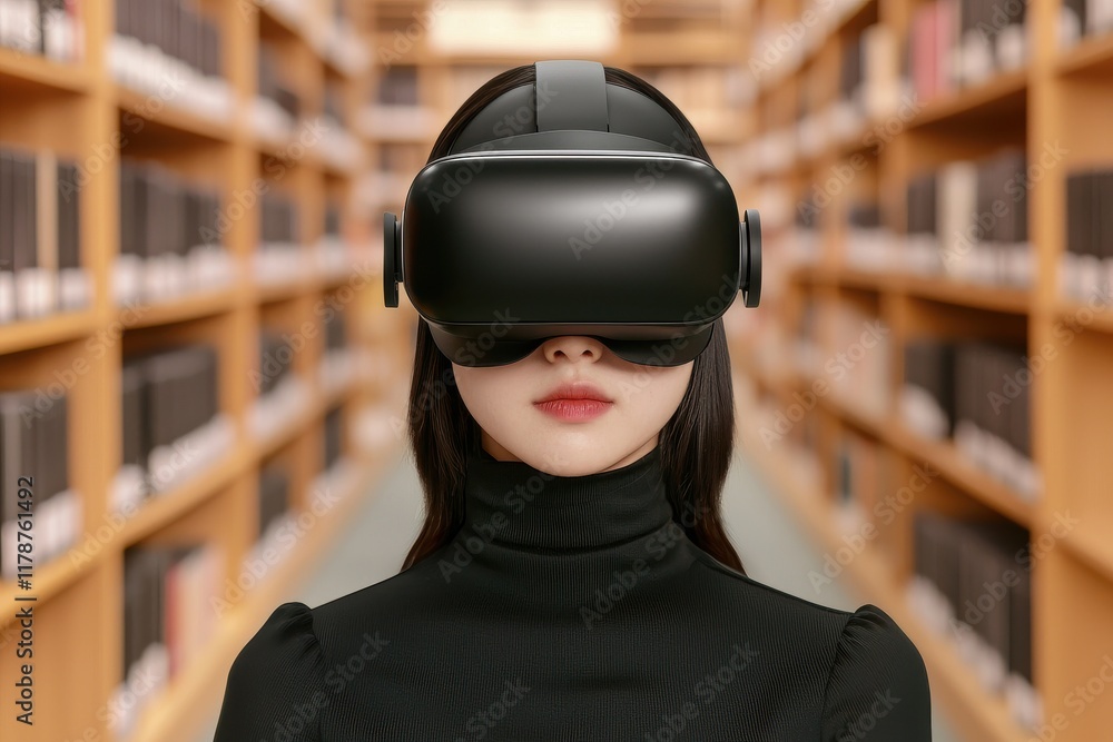 Female wearing VR headset in a library setting. Female wearing VR headset in a library setting.