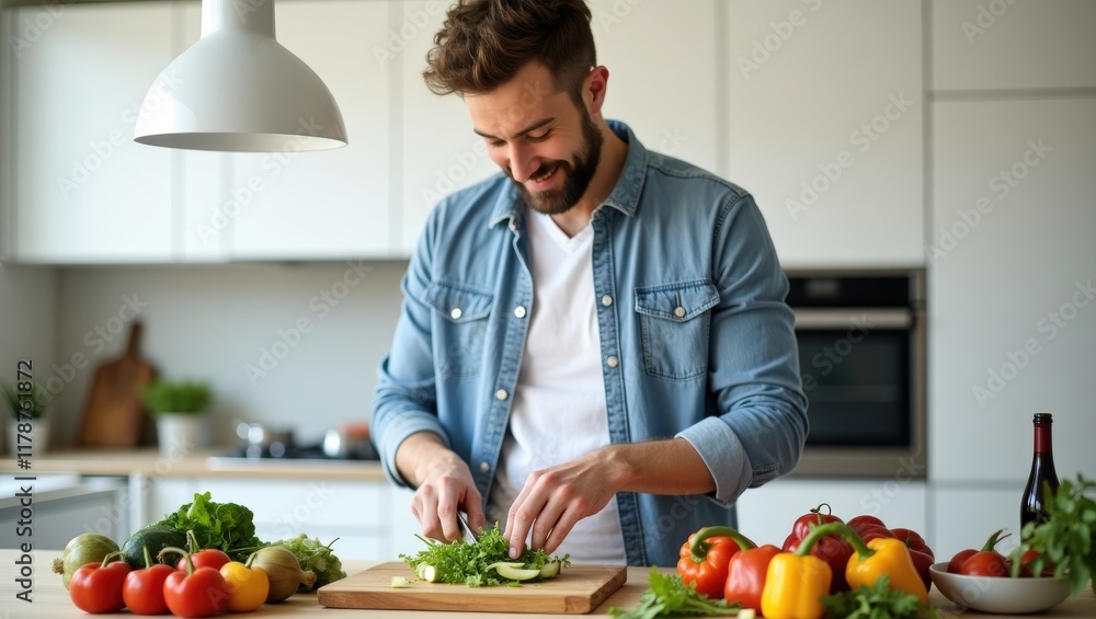 A smiling man diligently chops fresh vegetables in a modern kitchen, highlighting healthy living and home-cooked meals - suitable for health and wellness websites or cooking publications, A smiling man diligently chops fresh vegetables in a modern kitchen, highlighting healthy living and home-cooked meals - suitable for health and wellness websites or cooking publications,