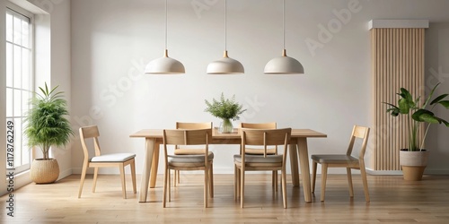 Minimalist Scandinavian dining room with pendant lamp and wooden furniture, Scandinavian, minimalist