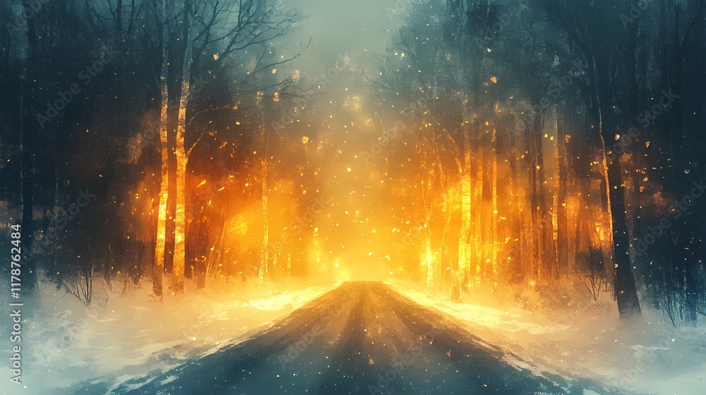Fototapeta premium Enchanting winter forest road with glowing blurred bokeh lights background.