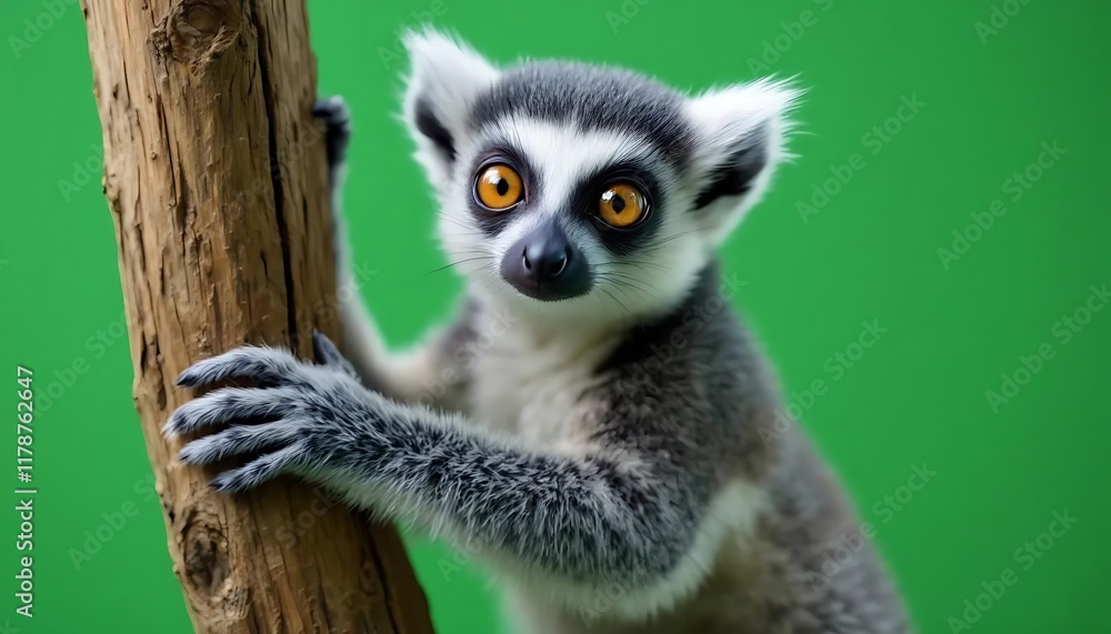 Curious Ring-tailed Lemur: A Vibrant Portrait against Green Curious Ring-tailed Lemur: A Vibrant Portrait against Green